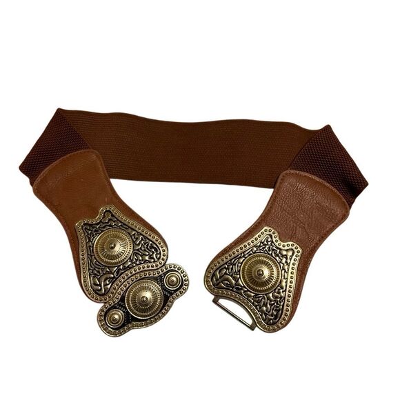 Cool vintage looking metal stretch antique buckle belt, brown and brushed gold main image 15